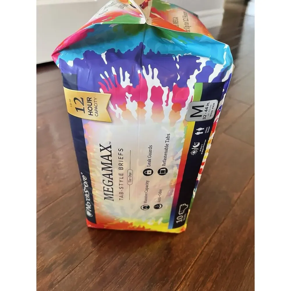 NorthShore MEGAMAX TAB-STYLE BRIEFS Tie-Dye 10 Adult Diapers Sz M 32-44in 12 Hrs